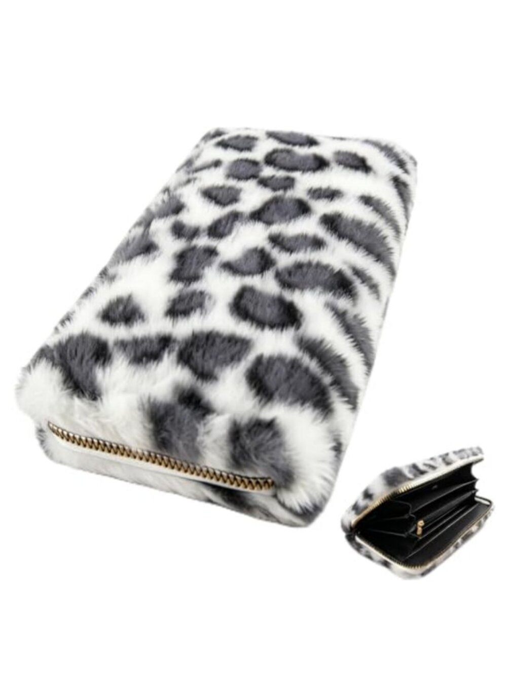 Leopard Print Faux Fur Clutch Wallet PU PVC Multi-Pocket Zipper Women's Handbag